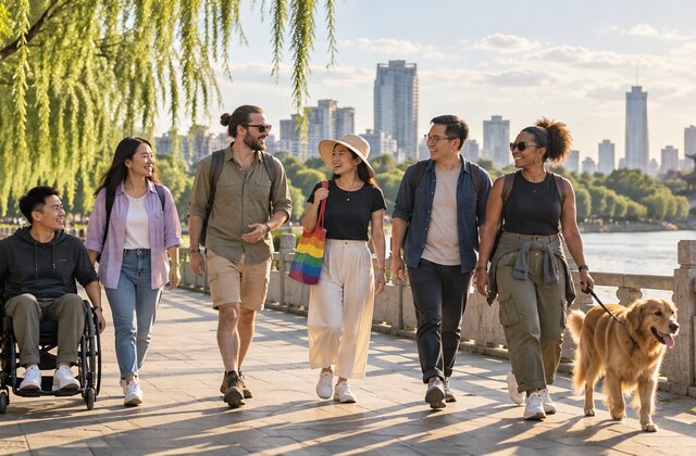 滨江步道上的休闲散步场景